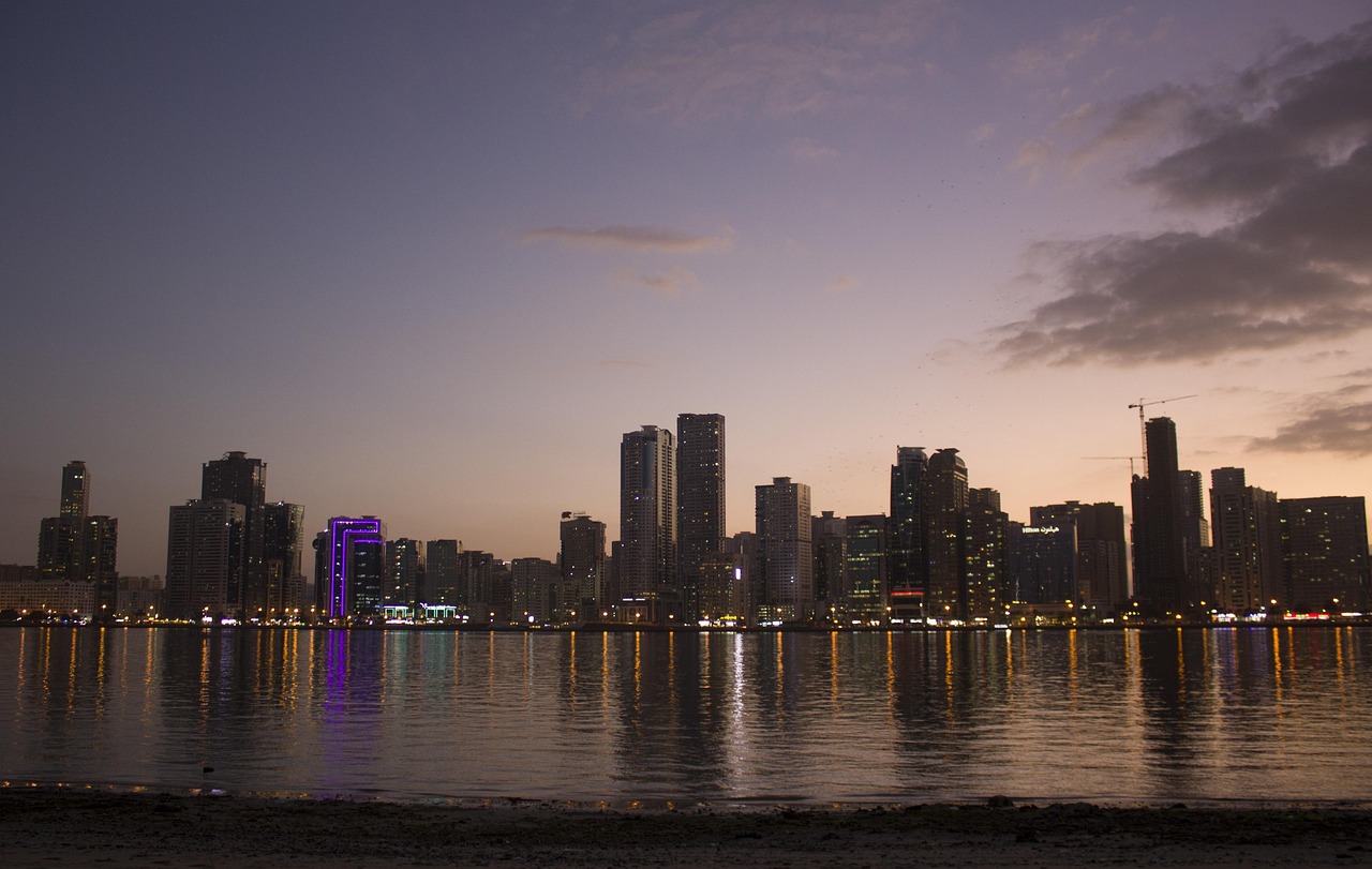 uae, cartoon, nature, horizon, skyscraper, metropolis, business district, cityscape, sunset, architecture, twilight, reflection, travel, embankment, panoramic
